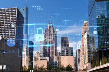 Chicago cityscape with futuristic holographic overlays representing technology and security...