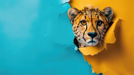 A humorous cheetah peers through a ripped hole in a contrast pastel color paper background, Ai...