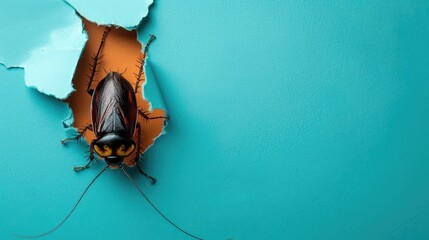 A humorous cockroach peers through a ripped hole in a contrast pastel color paper background, Ai...