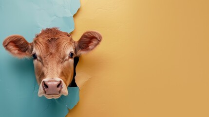A humorous cow peers through a ripped hole in a contrast pastel color paper background, Ai Generated
