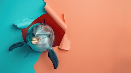 A humorous dolphin peers through a ripped hole in a contrast pastel color paper background, Ai...