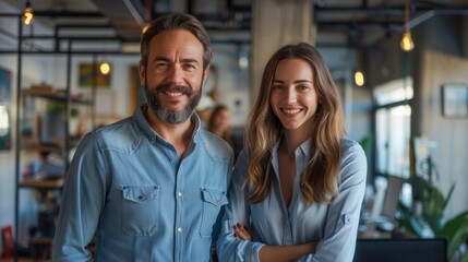 Two businessmen standing together in the office Confident male and female professionals in open plan workplace - Powered by Adobe