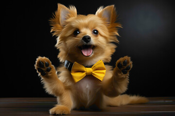 An adorable pup wearing a stylish yellow bowtie, sitting on its hind legs with a cute paw raise on...