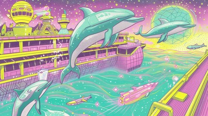 The playful spirits of dolphins around a random, drifting space station, cosmic swimmers