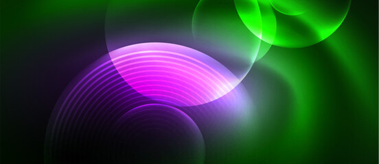 Colorful neon circles in shades of purple, violet, pink, magenta, and electric blue on a dark background, creating an artistic and mesmerizing display resembling water and gas movements