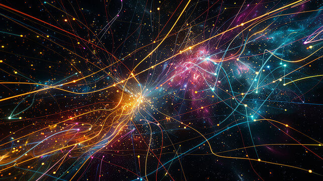 A cosmic neon display, where lines intertwine to form constellations and galaxies. 32k, full ultra hd, high resolution