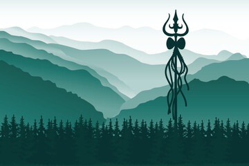 Shiva against the background of mountains. Greeting card for Maha Shivratri, a Hindu festival celebrated of Lord Shiva. Om or Aum Indian sacred sound. Vector