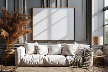 Contemporary living room mockup with a cozy sofa and elegant poster frame.