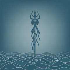 Shiva against the backdrop of the ocean. Greeting card for Maha Shivratri, a Hindu festival dedicated to Lord Shiva. Om or Aum Indian sacred sound.