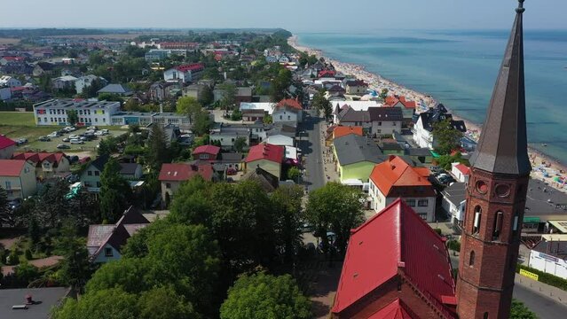 Church Downtown Sarbinowo Ulica Nadmorska Aerial View Poland