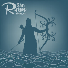 Shri Ram Navami celebration background for religious festival of India grungy texture decorative illustration of Lord Rama with bow arrow with text Shri Ram