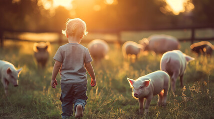A child plays with piglets in the countryside. - obrazy, fototapety, plakaty