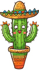 Cute cactus with sombrero hat, vector flat icon illustration on white background, Cinco de Mayo clipart. Cinco de Mayo celebration idea.