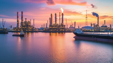 Fototapeta premium Oil and gas power plant refinery with storage tanks facility for oil production or petrochemical factory infrastructure and oil demand price chart concepts as wide banner with copy space