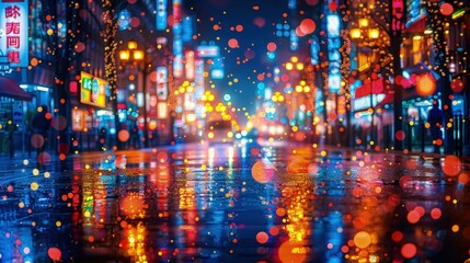 Fototapeta premium Lively Bokeh Backdrop Featuring the Multicolored Lights and Signs of a Busy City Street, Adding a Sense of Vibrancy and Motion
