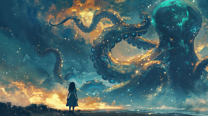 silhouette of girl is looking at black giant octopus, concept of illustration for book - obrazy, fototapety, plakaty