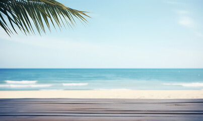 Perfect vacation landscape with empty wooden table for show case and product with summer tropical sea with waves, palm leaves and a blue sky with clouds.