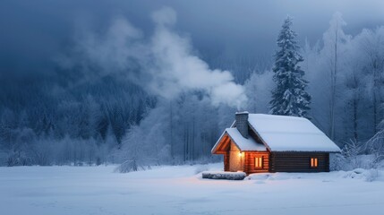 A lone log cabin radiates warmth with its glowing windows against the twilight of a tranquil, snow-covered forest landscape. Resplendent.