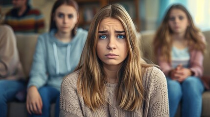 Focused portrait of a worried young woman during a group therapy session, with blurred participants in the background.
