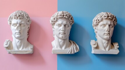 Classical ancient marble gypsum stoic, roman, greek bust, busts head sculpture against a colored background representing historical figures 