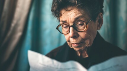 Portrait of an elderly woman concentrating on reading a paper with eyeglasses.