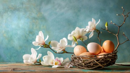Easter eggs nestled in a twig nest surrounded by blooming white orchids on a rustic table.