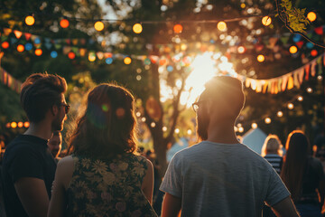 Young friends enjoying a summer festival at sunset with festive lights, back view. People have fun together in summertime. Relax atmosphere