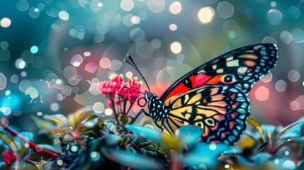 A vibrant butterfly perching on a pink flower with a dreamy bokeh light background. - Powered by Adobe
