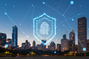 A hologram of a fingerprint over a city skyline at dusk, with floating digital elements. Cybersecurity and technology concept. Double exposure
