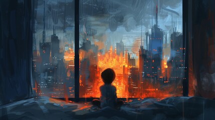 A solitary child sits contemplating a dystopian cityscape bathed in orange hues.