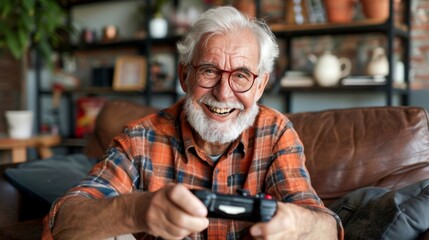 Elderly man with glasses smiles widely while holding a game controller, experiencing the fun of gaming.