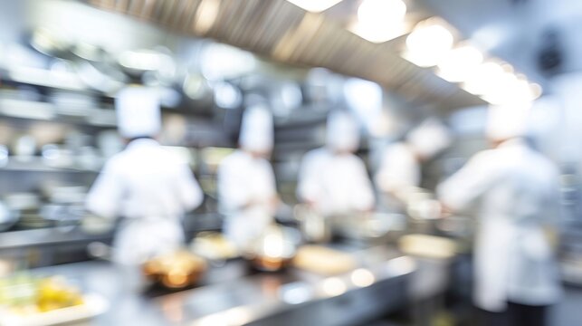 A blurred image capturing the bustling atmosphere of professional chefs at work in a kitchen.