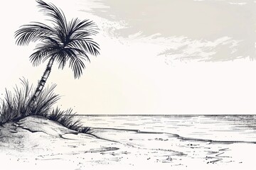 Panoramic beach view. illustration of seaside promenade with palm Black and white drawing.