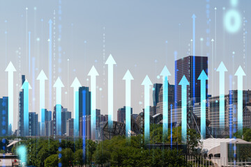 A city skyline with digital holographic arrows and binary code superimposed, indicating growth and...