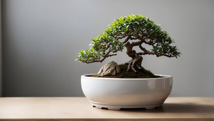 A photo of a bonsai tree in a white pot on a table.

