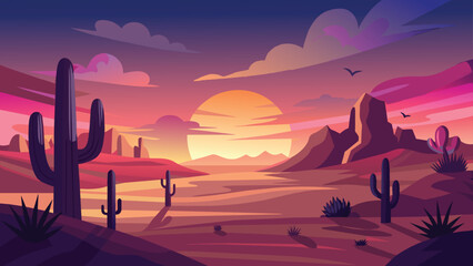 Majestic desert sunset with cacti and mountain backdrop, vector cartoon illustration.