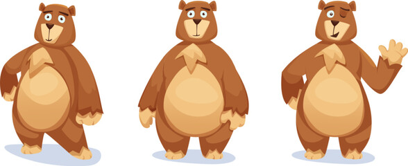 Cute big brown bear cartoon character. Vector illustration set of standing grizzly mascot in different poses - with waving paw gesture, hand on heaps and front view. Forest animal with fluffy fur. - obrazy, fototapety, plakaty
