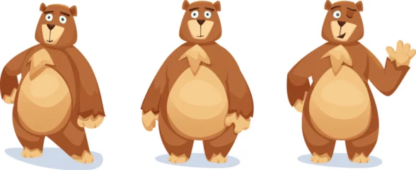 Schilderijen op glas Cute big brown bear cartoon character. Vector illustration set of standing grizzly mascot in different poses - with waving paw gesture, hand on heaps and front view. Forest animal with fluffy fur. © klyaksun