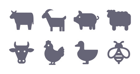 Farm animals glyph flat icons. Vector solid pictogram set included icon as cow, goat, pig, chicken, honeybee silhouette illustration for livestock.