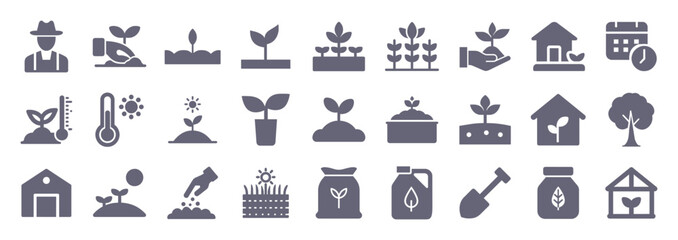 Gardening glyph flat icons. Vector solid pictogram set included icon as seed planting, soil fertilizer, farm barn, greenhouse temperature silhouette illustration for agronomy.