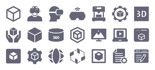 3D glyph flat icons. Vector solid pictogram set included icon as printer, rotation, metaverse, headset, construction simulation, augmented reality model silhouette illustration for infographic.