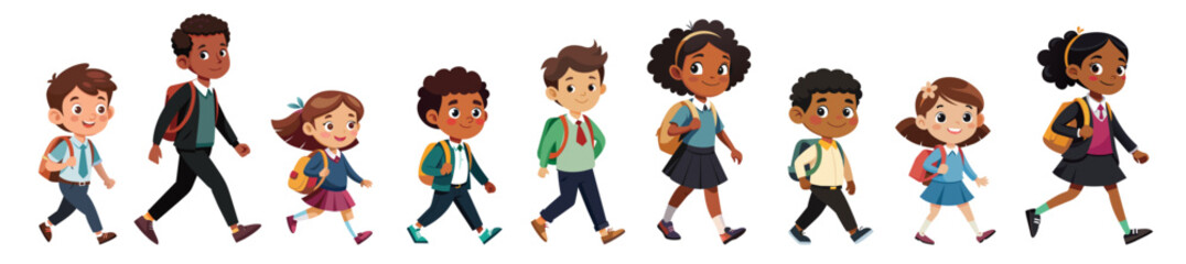 Diverse group of children go back to school with backpacks, vector cartoon illustration.
