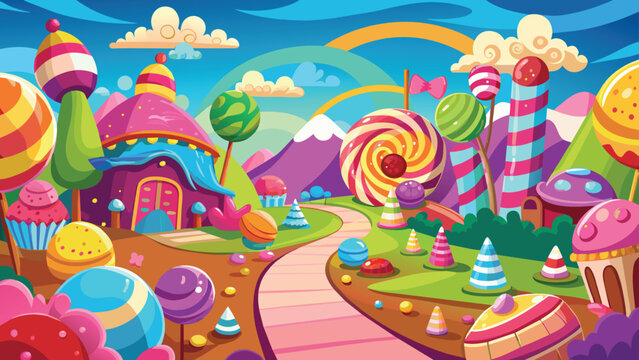 Whimsical candy land with sweet treats, Fantasy landscape  vector cartoon illustration.