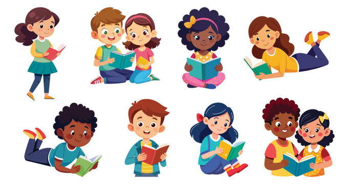 Group of children, black boys and girls engaged in reading and enjoying books, vector cartoon illustration.