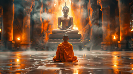 Buddhist monks engaging near serene Buddha statue. Harmony and Serenity Concept. Generative AI. - obrazy, fototapety, plakaty