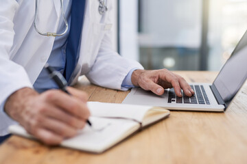 Doctor, writing and hands of notes with data and medical research for pharmaceutical study in office. Person, tech and report information in notebook with hospital paper of healthcare worker