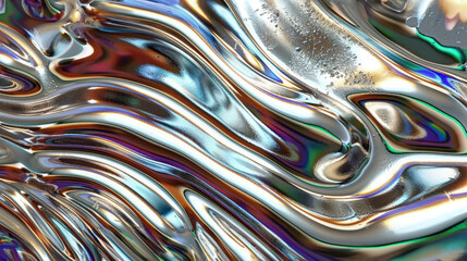 Aerial View of Liquid Wavy Chrome with iridescent light reflection. Abstract background.