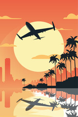 Vector retro style poster with airplane or jet flying over city, shore, seaside at sunset or sunrise, vintage style image