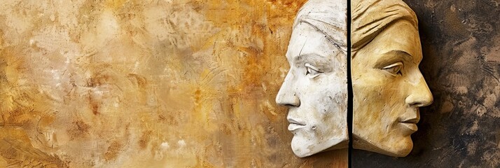 Ancient classical marble gypsum stoic, roman, greek bust, busts head sculpture against a colored background representing historical figures  - obrazy, fototapety, plakaty
