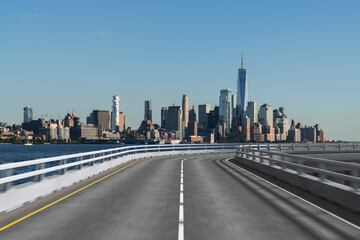Fototapeta premium Empty urban asphalt road exterior with city buildings background. New modern highway concrete construction. Concept of way to success. Transportation logistic industry fast delivery. New York. USA.